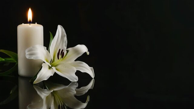Burning candle and white lily flower on black reflective background. Funeral symbol and condolence card concept with copy space