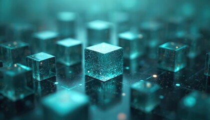 Abstract glowing cubes arranged in grid represent digital data units. Transparent structures symbolize data storage, information processing in futuristic tech environment. Convey concepts of digital