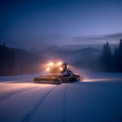 Fototapeta premium Snow groomer preparing ski slopes at dusk, winter landscape, ski resort maintenance