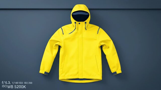 A plain yellow shirt transforms into a stylish hooded rain jacket. Blue details and buttons are added, completing the waterproof design.