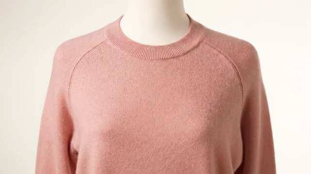 A soft pink sweater transforms from mock neck to crew neck. This cozy knit garment is displayed on a mannequin.