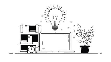 Inspiration strikes with laptop and books in modern workspace