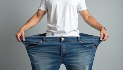 Young Asian man in loose jeans shows weight loss success. Stands against grey background, wearing white t-shirt, oversized denim pants. Hands hold waist of jeans, emphasizing how much weight lost.