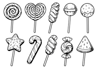 Hand drawn line art candy and lollipop set featuring various sweet treats for children's parties and confectionery designs