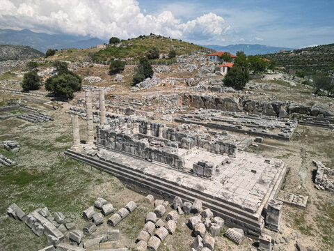 Aerial view of Letoon sanctuary near Xanthos in Fethiye, Turkiye with surviving columns and a stepped temple podium The sacred site of Leto and her children served Lycians and stands on a terrace
