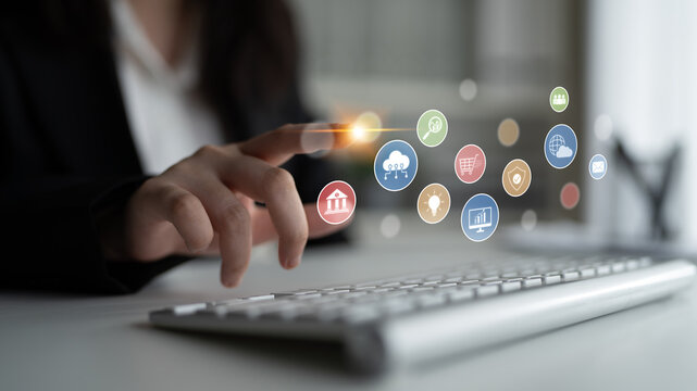 Set of business and digital service icons representing finance, cloud, analytics, email, communication, ecommerce, cybersecurity, and global connectivity in a modern ecosystem Latch - Powered by Adobe