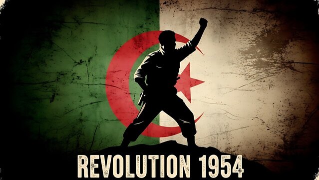 Algerian Revolution 1954 &ndash; Silhouette Soldier with Algerian Flag, November 1 Independence Struggle