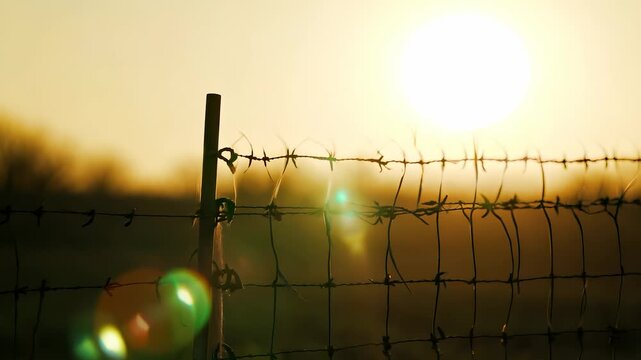 The image shows a barbed wire fence against a bright sunset. The fence reflects sunlight, creating a serene atmosphere in the field during dusk.