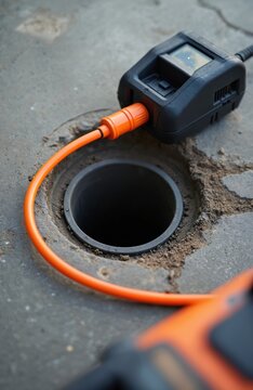 Plumbing camera device with orange cable near open pipe on ground. Technician uses equipment for inspection inside drain. Modern diagnostic tool for work.