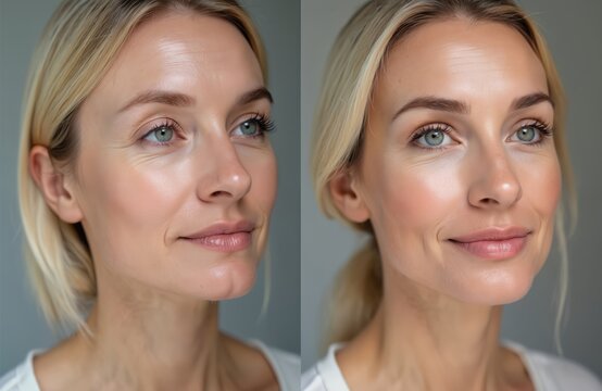 Woman face split screen before and after cosmetic procedure. Left shows visible wrinkles, right skin is smooth and youthful. Anti-aging treatment comparison.