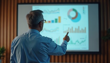 Man points at financial charts on screen. Business analyst shows data growth and pie chart. Professional discusses investment portfolio strategy. Office meeting with charts, graphs, analysis.