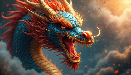 Mythical dragon flies through stormy skies. Its blue scaly body and fiery mane are detailed. Red petals float around its head. Power and legend in Asian mythology.