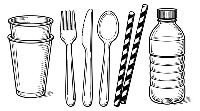 Hand drawn line art single use plastic set featuring disposable cups, cutlery, straws, and a water bottle for environmental concern
