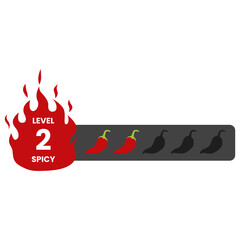 Spicy meter Level 2, Spicy level labels. Spicy and hot chili spicy meter. Red spicy chili peppers. Vector