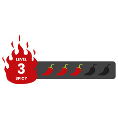 Spicy meter Level 3, Spicy level labels. Spicy and hot chili spicy meter. Red spicy chili peppers. Vector
