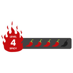 Spicy meter Level 4, Spicy level labels. Spicy and hot chili spicy meter. Red spicy chili peppers. Vector
