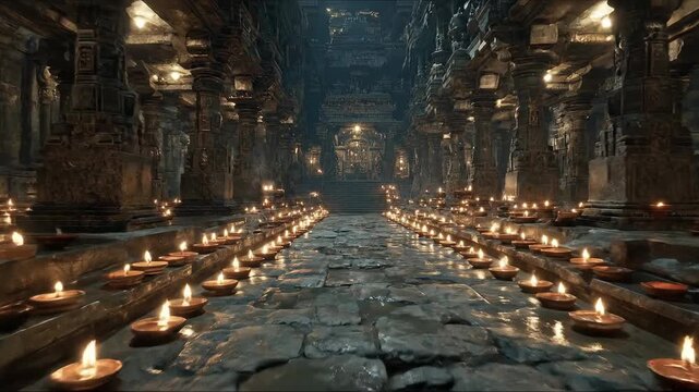 Ancient stone temple interior with glowing oil lamps and carved pillars