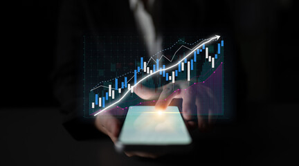 A professional analyzing stock market data on a smartphone, featuring a digital chart that illustrates financial growth and trends in investment analysis. Impute