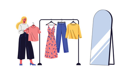 Stylish illustration of a woman choosing an outfit from a clothes rack in front of a full-length dressing room mirror.