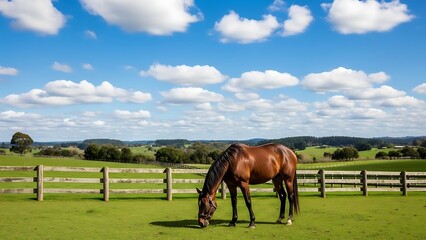 Obraz premium A brown horse grazing in a green field with a wooden fence under a blue sky with white clouds
