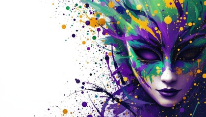 Vibrant abstract mask with colorful paint splashes and feathered design