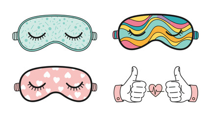 Collection of three colorful sleep masks with different patterns and a pair of hands giving a thumbs up with a heart.