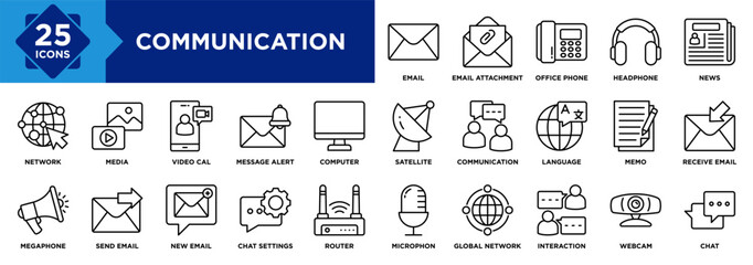 Communication icon collection set. Email, Video Cal, Interaction, News, Headphone, Office Phone, Microphon, Webcam, Chat, Media icon