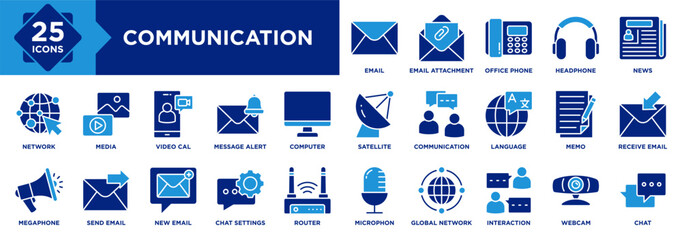 Communication icon collection set. Email, Video Cal, Interaction, News, Headphone, Office Phone, Microphon, Webcam, Chat, Media icon
