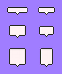 Pixelated chat bubble icons on purple background, Retro speech message symbols, 8 bit conversation UI graphics, Minimal dialog bubble icon set, Pixel art message boxes, Vector illustration.