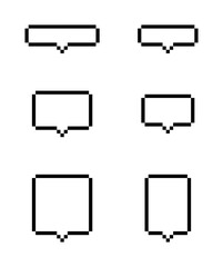 Pixelated chat bubble icons in outline style, Retro speech message symbols, 8 bit conversation UI graphics, Minimal dialog bubble icon set, Pixel art message boxes, Vector illustration.