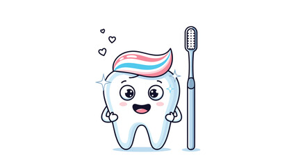 Fototapeta premium Cute anthropomorphic tooth character with a smiling face and toothpaste on its head next to a tall blue toothbrush.