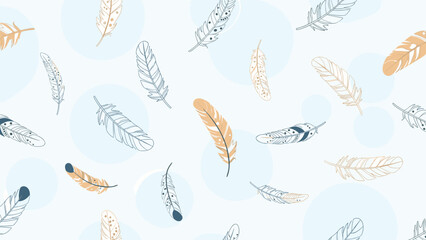 Pattern of delicate bird feathers and soft circles on a serene light blue background creates a beautiful and calming aesthetic.