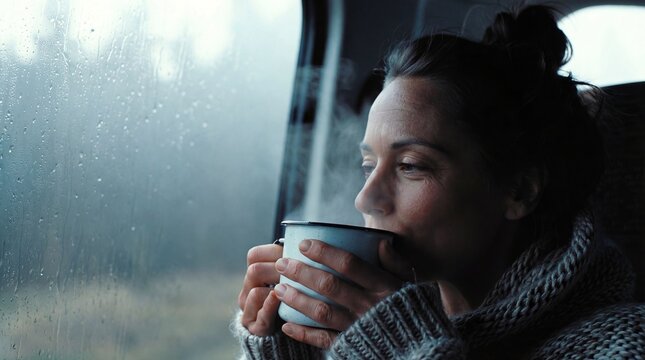 Woman drinking hot tea looking through rainy window
