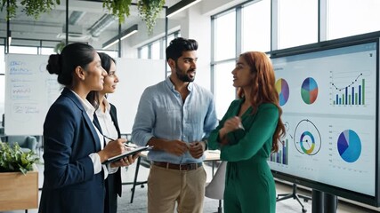 Diverse business team analyzes financial data on a large screen in a modern office. They discuss strategy and growth metrics. Perfect for corporate and finance concepts. - Powered by Adobe