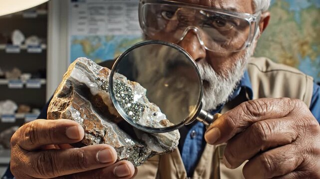 Senior geologist examines mineral sample with magnifying glass in laboratory. Focused scientific research concept for education and mining industry.