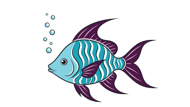 Colorful tropical fish with blue scales and dark purple fins is swimming and blowing bubbles on a clean white background.