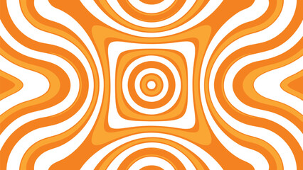 Vibrant orange psychedelic flat vector design with concentric squares and circles on white background