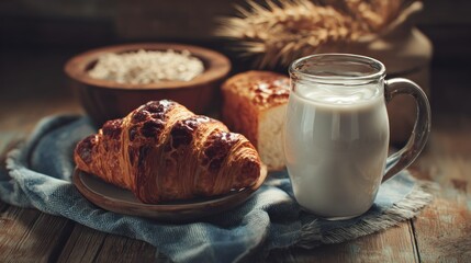 Rustic breakfast arrangement with croissant, milk and wheat in natural light