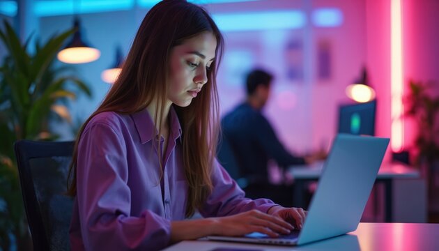 Young woman focused, typing on laptop computer in modern office. Evening work, neon lights glow, plants add nature. Another person works in background.