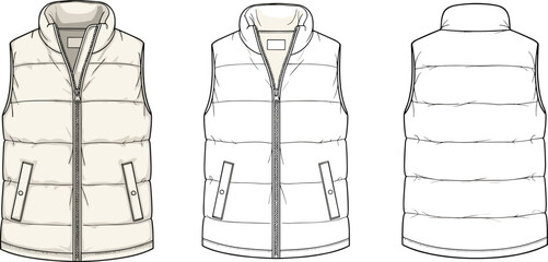 Men's puffer vest technical flat sketch vector illustration, sleeveless quilted jacket, front and back views, stand collar, beige winter waistcoat, fashion design template. © Pu's World