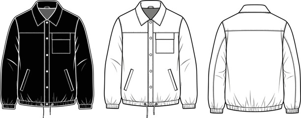 Men's coach jacket technical flat sketch vector illustration, black and white views, snap button front, chest pocket, drawstring hem, casual outerwear fashion template. © Pu's World