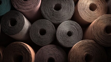 Rows of brown textile rolls create a rich textured fabric composition for stock