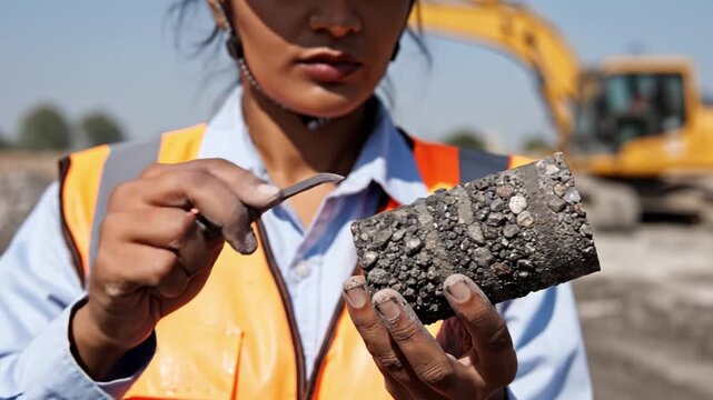 Female civil engineer inspecting asphalt core sample on site. Depicts quality control in road construction. Perfect for industry, engineering and infrastructure concepts.