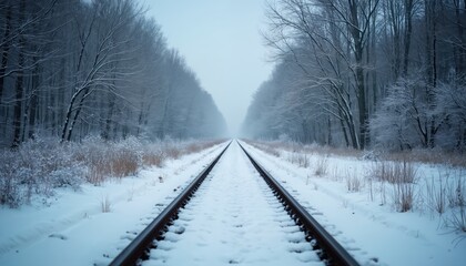 Straight train tracks covered in white snow lead through a bare winter forest. Trees line both sides of the railway path. The sky above is overcast and misty, creating a sense of isolation.