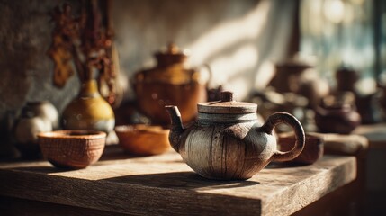 Rustic Wooden Teapot Still Life with Other Vessels on a Wooden Table