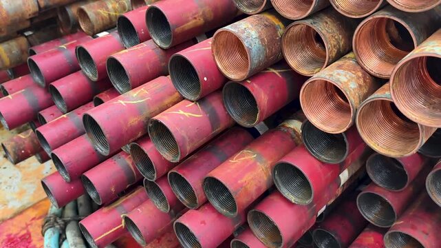 Stack of oilfield tubing taking at pin end connection for oil and gas well completion (exploration and production industry)
