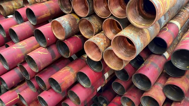 Stack of oilfield tubing taking at pin end connection for oil and gas well completion (exploration and production industry)
