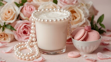 Vintage style glass of milk with pink macaroon cookies, perl necklace and pastel color pink and cream roses 
