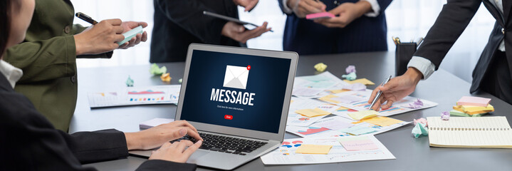 Analyst team use sticky note for creative and analytic brainstorm for business idea with BI data dashboard on laptop screen. Analysis financial data visualization tech for marketing strategy. Prodigy