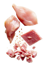 Fresh Cut Poultry in Artistic Arrangement: Tender, raw chicken pieces are presented in an eye-catching overhead perspective, showcasing the natural textures and colors of the poultry